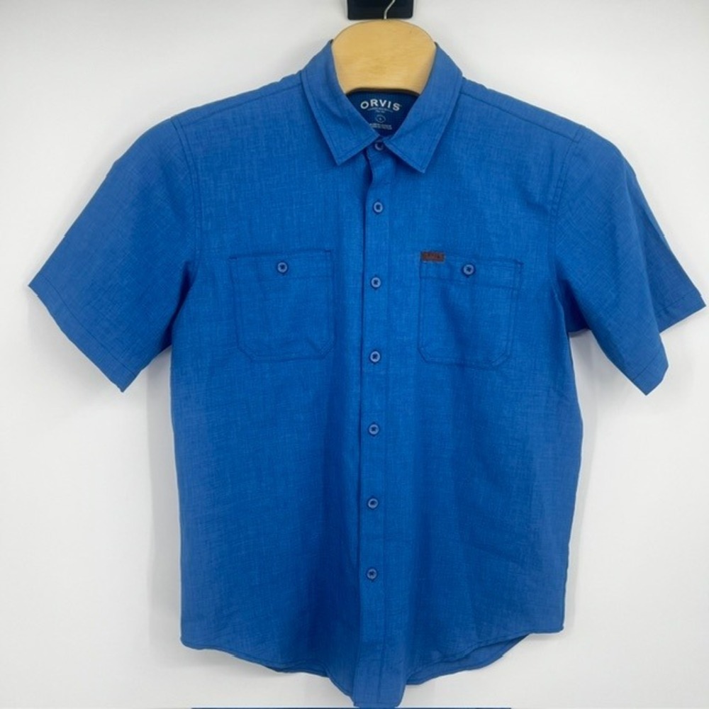 Orvis Men's Large Blue Short Sleeve Button Down Shirt with Pocket